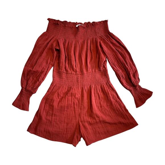 Trina Turk Off Shoulder Romper M Rust Bell Sleeve Boho Resortwear Beachy swim - Picture 2 of 9